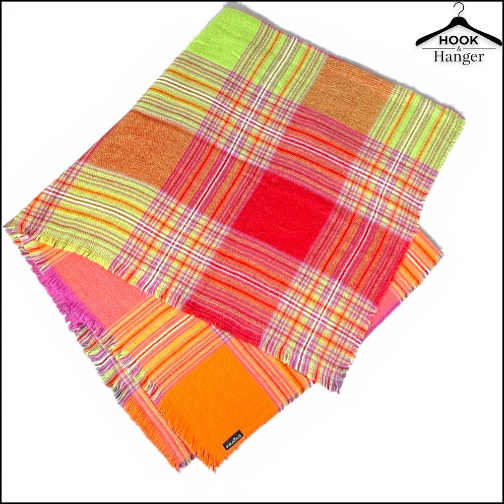 V. Fraas Plaid Blanket Square Scarf German Orange Pink Green Vibrant Wrap Fringe